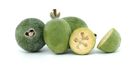 Fresh Green Feijoa Fruits With Halved Piece On White Background