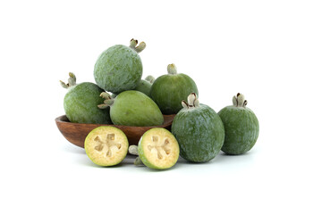 Fresh Feijoa Fruits in Wooden Bowl on White Background