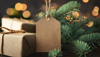 Brown Christmas tag hang on Christmas tree decorate with ornament. Concept of xmas celebration template.