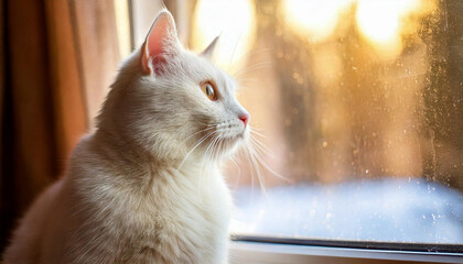 A white cat is looking out the window