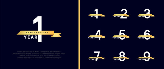 anniversary logo style set. vector design white color with golden ribbon for celebration moment