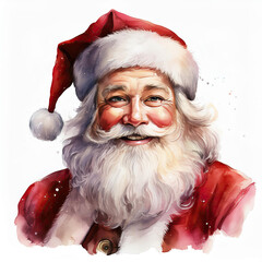 Watercolor painting of Santa Claus wearing and red Santa winter hat.