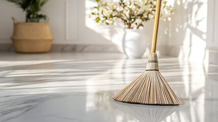 Elegant broom on marble floor, luxurious home, soft reflections, minimalistic