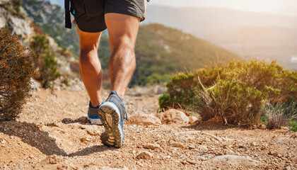 A man is running on a rocky path with a view of the ocean in the background. Concept of adventure and freedom as the man enjoys the outdoors and the beautiful scenery