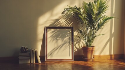 Minimalist and Cozy Interior with Abstract Pastel Art, Green Potted Plant, and Rustic Wooden Floor Creating a Modern, Serene Atmosphere with Natural Light and Soft Tones of Pink and Cream
