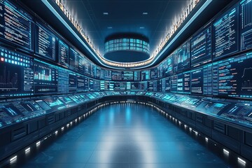 Futuristic Control Room with Walls of Data and Screens