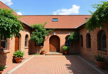 Obraz premium Showing Brick courtyard in a city setting.