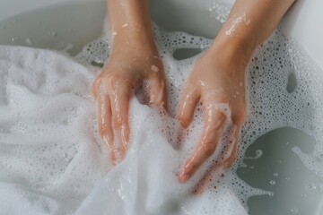 Fototapeta premium Hands gently washing delicate fabric in soapy water, A moment of care and detail