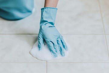 Gloved hands scrub a tile floor with soapy foam, a cleaning task in progress