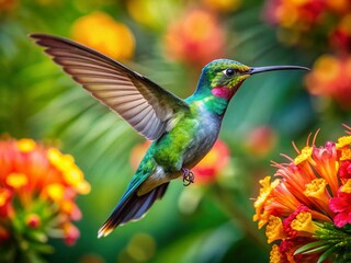 Fototapeta premium Captivating Aerial View of a Hummingbird in Flight Over Vibrant Tropical Flowers, Showcasing the Intricate Details of Nature's Beauty and the Bird's Unique Characteristics
