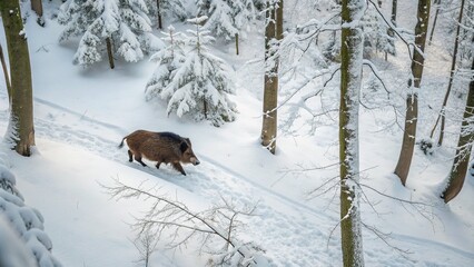 Captivating Aerial View of a Young Wild Boar foraging in a Snowy Winter Forest, Showcasing the Beauty of Nature and Wildlife in a Serene Winter Wonderland