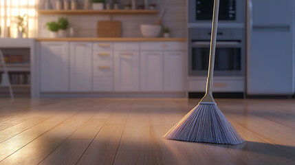Modern broom on polished kitchen floor, soft lighting, cozy home.