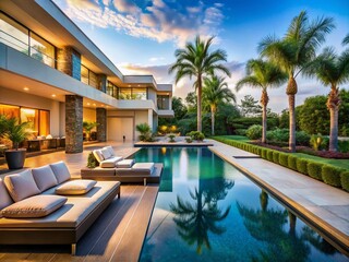 Fototapeta premium Captivating Architectural Photography Showcasing Luxurious Poolside Oasis with Modern Design, Lush Landscaping, and Inviting Water Features Under a Bright Blue Sky