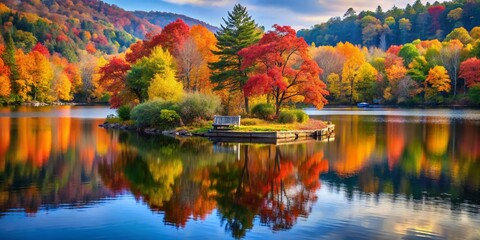 Captivating Autumn Landscape with a Serene Floating Island Surrounded by a Tranquil Lake, Showcasing Vibrant Foliage and Reflective Waters in a Picturesque Natural Setting