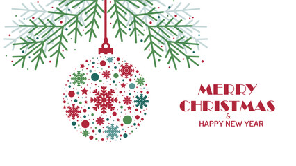 Merry Christmas card vector with colorful  baubles and fir branches on a white background, for creating personalized holiday cards or as a design element.