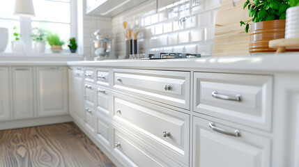 Detailed shot of sleek cabinetry drawers in a recently remodelled contemporary kitchen with a fresh white color scheme