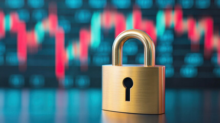 A golden padlock in front of a digital financial graph symbolizes security and protection in investments and data.
