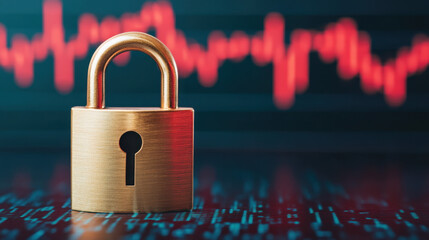 A golden padlock in the foreground with a backdrop of a digital heartbeat waveform, symbolizing security and data protection.