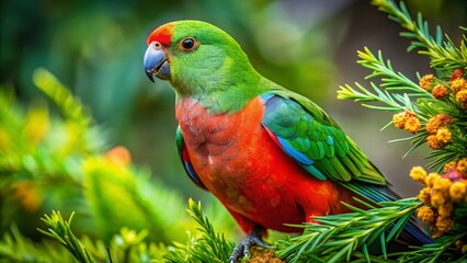 Captivating Candid Photography of a Female Red Winged Parrot in Its Natural Habitat, Showcasing Vibrant Colors and Unique Behavior Amidst Lush Greenery