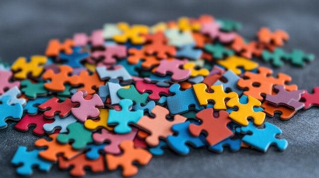 A colorful assortment of jigsaw puzzle pieces scattered on a surface, displaying various shapes and hues.