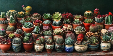 Fototapeta premium Vibrant Cactus Collection in Clay Pots