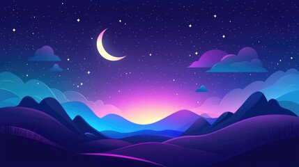 Obraz premium Nighttime Landscape with Crescent Moon and Starry Sky over Mountains