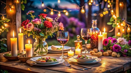 Captivating Culinary Romance: A Gourmet Dinner Experience with Candlelight, Fresh Flowers, and Elegant Table Setting for a Perfect Evening of Love and Connection