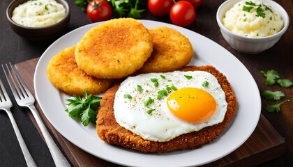 Crispy schnitzel with sunny side up egg and potato cakes garnished with fresh vegetables