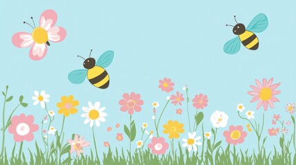 Colorful flowers and bees in a cheerful garden scene