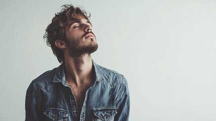 Fototapeta premium Relaxed Man in Denim Shirt Posing Confidently