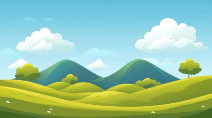 Obraz premium Cartoon Landscape with Rolling Hills, Lush Green Grass, and White Clouds