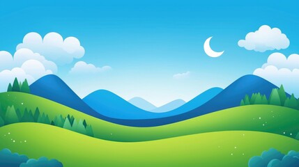 Obraz premium A picturesque landscape with rolling green hills, blue mountains, and a crescent moon in a clear blue sky.