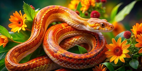 Obraz premium Captivating Double Exposure Photography of a Vibrant Orange Corn Snake Blending into a Lush Natural Habitat, Showcasing the Beauty of Wildlife and Zoology in Nature