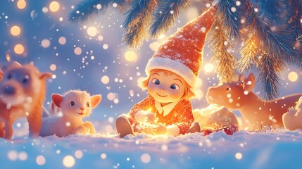 Fototapeta premium Christmas Elf With Animals