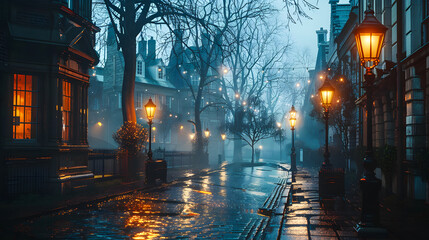image of Victorian London on a moody evening with gas-lights, fog and cobble-stone streets