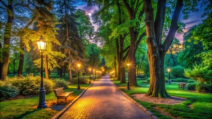 Obraz premium Captivating Evening at Saxon Park in Warsaw: A Dreamy Low Light Photography Experience Featuring Lush Greenery, Tranquil Paths, and Soft Glowing Lights