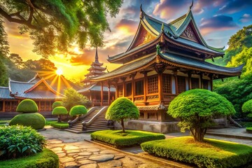 Obraz premium Captivating Exterior of an Ancient Buddhist Temple Building Surrounded by Lush Greenery and Tranquil Atmosphere, Showcasing Intricate Architecture and Cultural Heritage