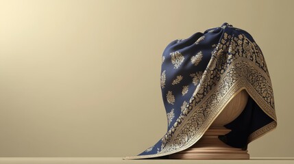 A traditional Banarasi sari in deep blue, draped gracefully on a wooden stand, showcasing its intricate designs against a warm beige background