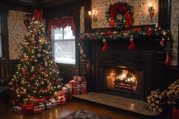 Fireplace with Christmas decorations, presents, lights, and an artificial tree with colorful ornaments and garlands, surrounded by red ribbons and firewood.