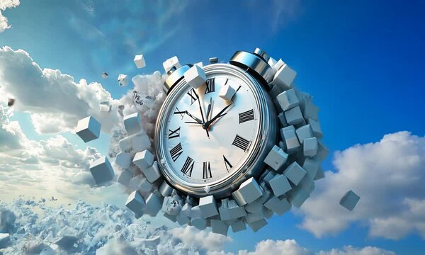Surreal Exploding Clock Amidst a Sky of Clouds and Fragmented Time Cubes