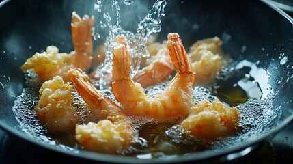 crispy golden shrimp tempura being fried in a traditional thai pan, light batter creating delicate lace patterns, oil is bubbling and foaming around the tail fins, prawns curling into perfect