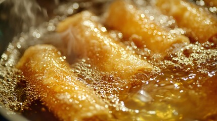 crispy golden spring rolls being fried in a traditional thai pan, wrapper blistering with perfect air pockets, visible filling texture through translucent skin, oil is bubbling and foaming creating