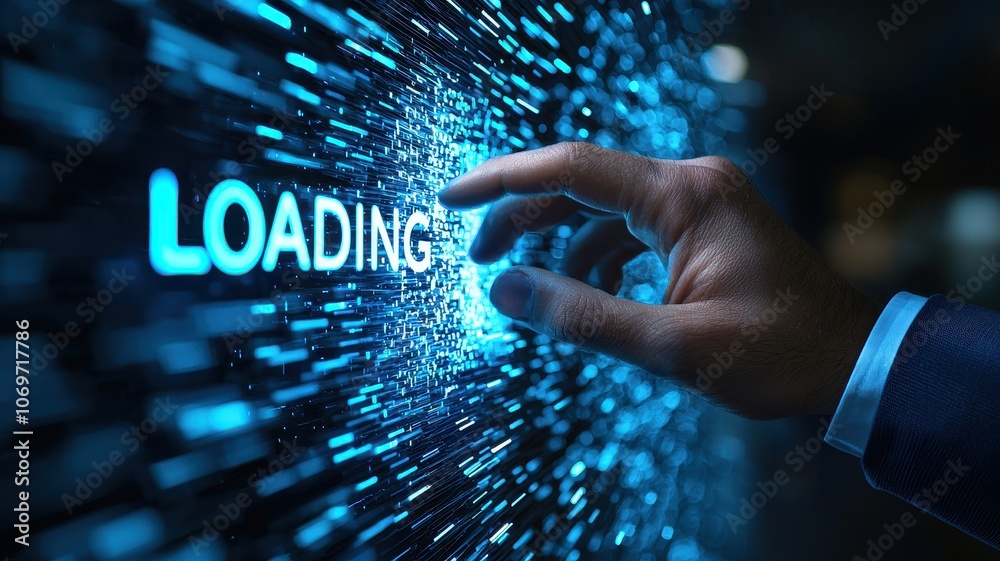 Poster close-up of a businessman's hand touching a digital screen with a progress bar loading, displaying t