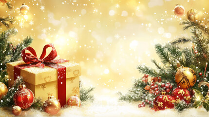 Beautifully Wrapped Christmas Gift Box.Festive Christmas Gift Boxes Background with Holiday Sparkle.