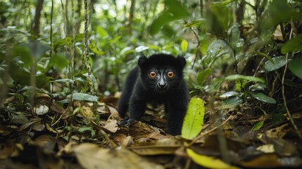 Obraz premium Curious Black-Furred Animal in Lush Forest Habitat