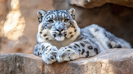 Fototapeta premium Snow Leopard Relaxing on Rocky Surface