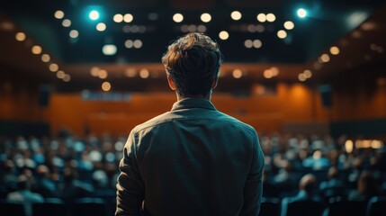 A tech startup founder presents a new product to an audience in a modern conference hall, with bright lighting emphasizing innovation and professional presentation.