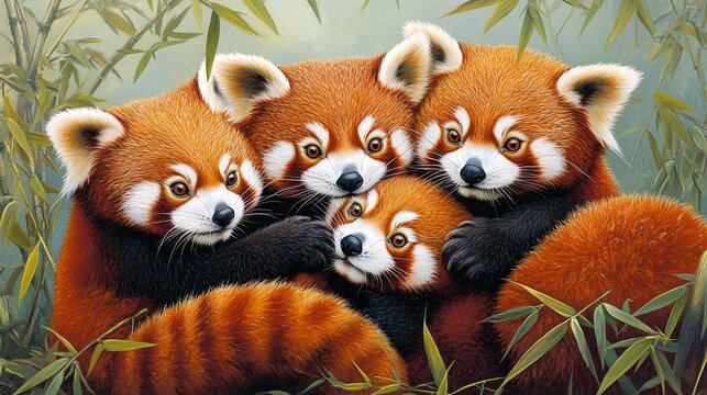 A family of four red pandas, with all russet-colored fur and ringed tails. They're sitting close together among bamboo leaves. Sage green background. Realistic fur patterns. Brightly lit. Playful