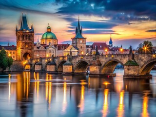 Obraz premium Captivating Long Exposure View of Charles Bridge in Prague at Dusk with Illuminated Statues, Flowing Vltava River, and Majestic Historical Architecture Reflected in Water