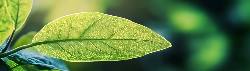 Fototapeta premium A Single Green Leaf with Visible Veins Against a Blurred Background